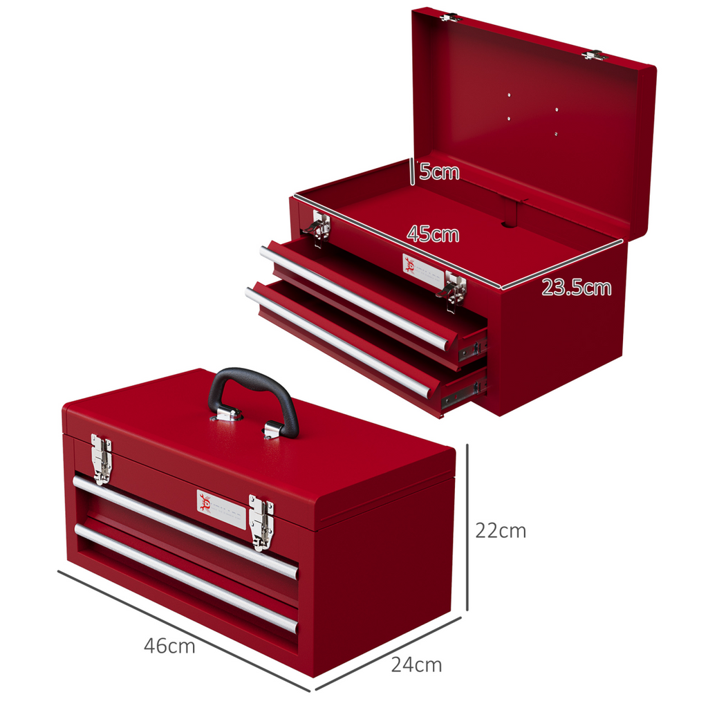 DURHAND red lockable 2 drawer tool chest with ball bearing slide drawers, showcasing smooth exterior and functional design.