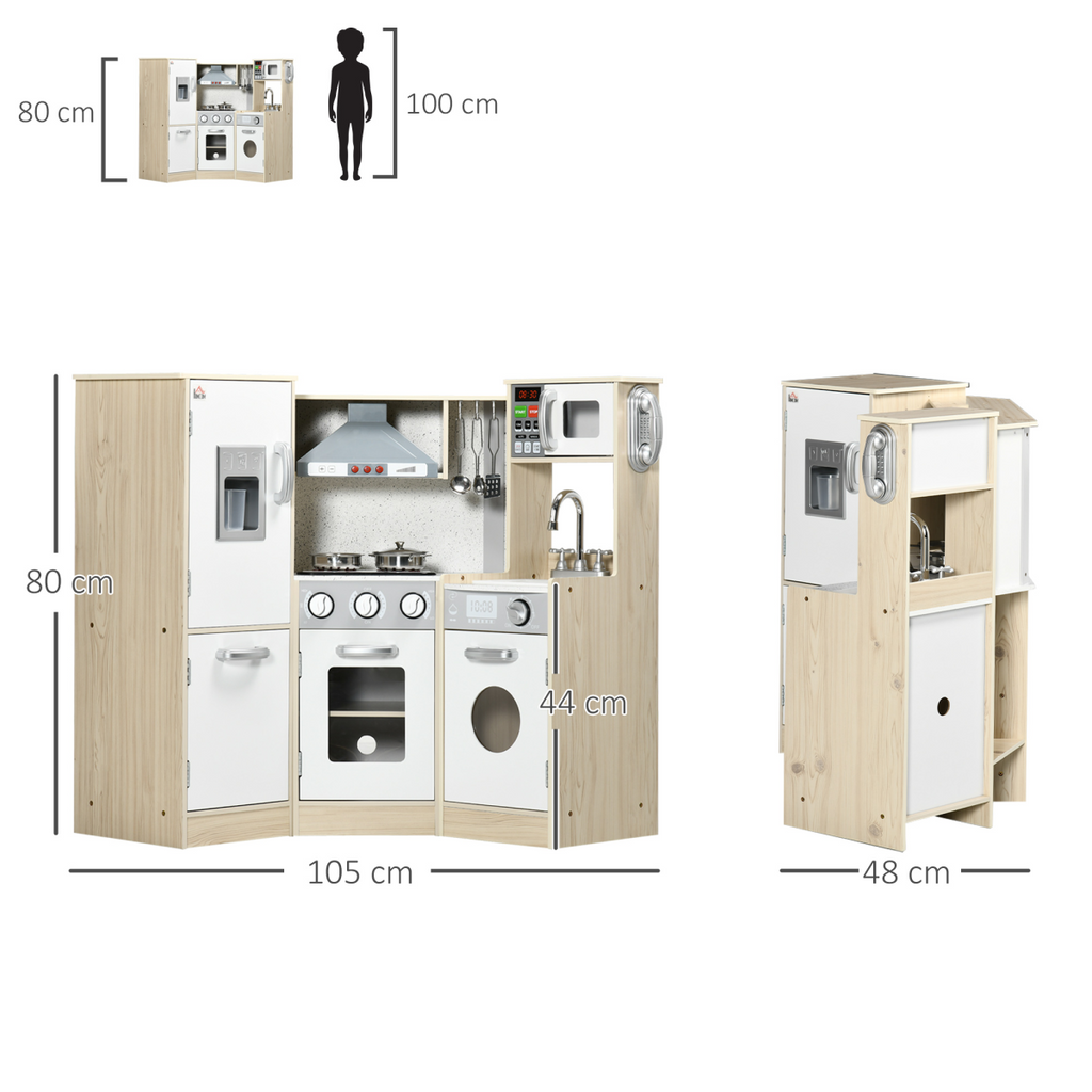HOMCOM FunZone corner kids kitchen with sound light features, phone, microwave, oven, and range hood in colorful design.