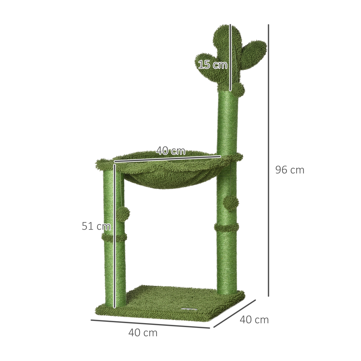 Pawhut cactus cat tree in green featuring hammock, scratching post, and toy ball for indoor cats.