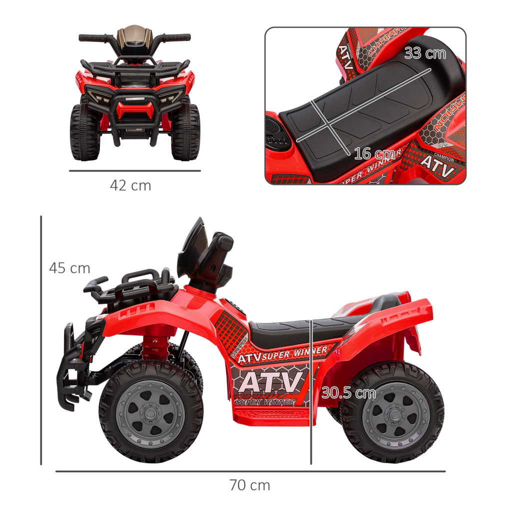 Red HOMCOM 6V kids electric ride-on quad bike ATV for toddlers aged 18-36 months, showcasing design and features.