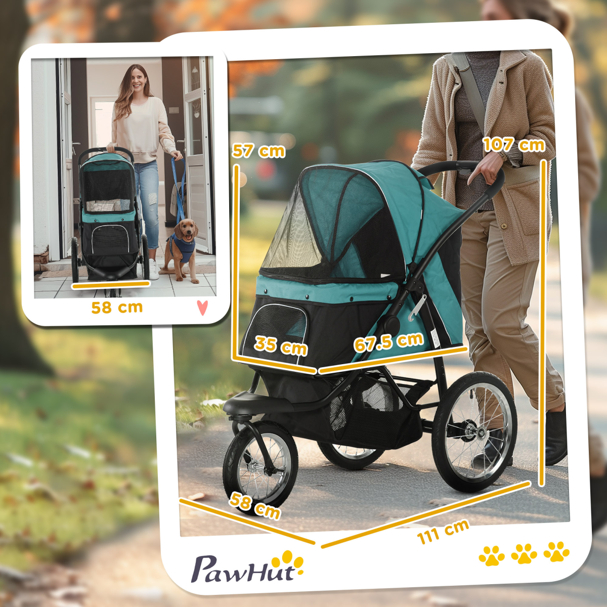PawHut 3 Wheel Pet Stroller, for Medium Small Dogs, Foldable Cat Pram - Green