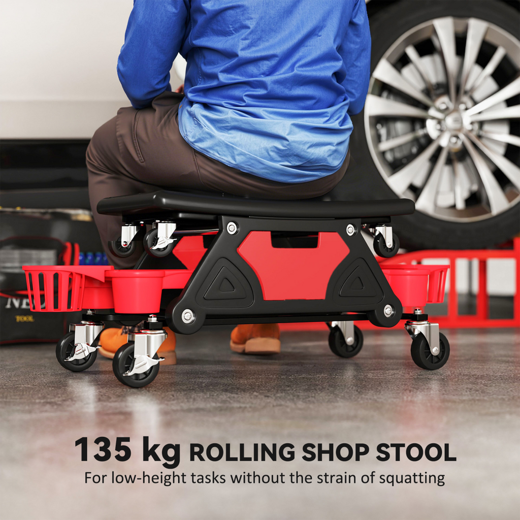 Rolling Mechanic Stool with Detachable Seat & Storage - 135kg Capacity - Red