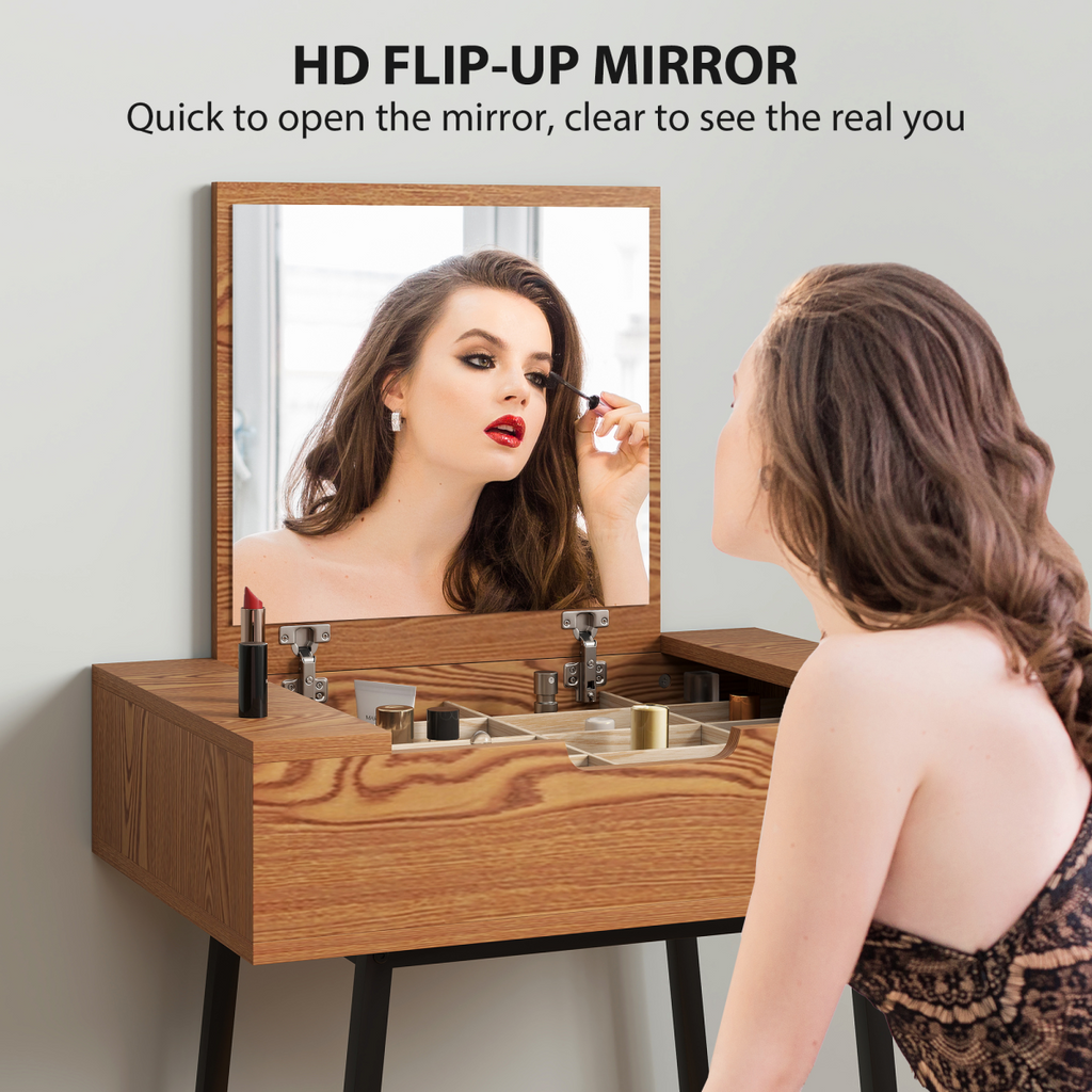 Industrial Vanity Desk with Mirror & Steel Legs - Natural Wood Effect