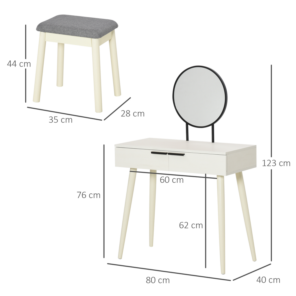 Dressing Table Vanity Set with Round Mirror & Cushioned Stool - White