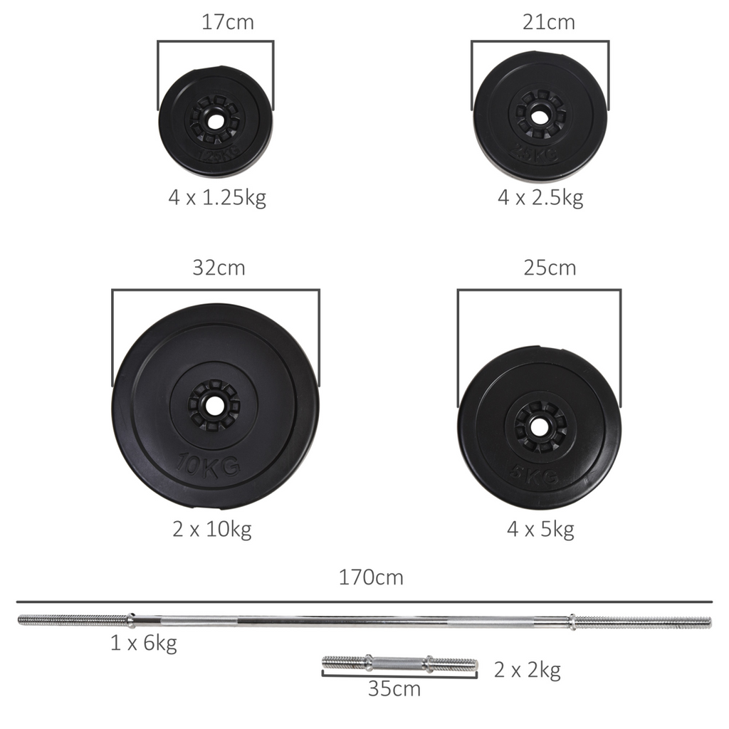 HOMCOM adjustable 65kg dumbbells and barbell set for home gym, featuring weights and sturdy design for effective workouts.