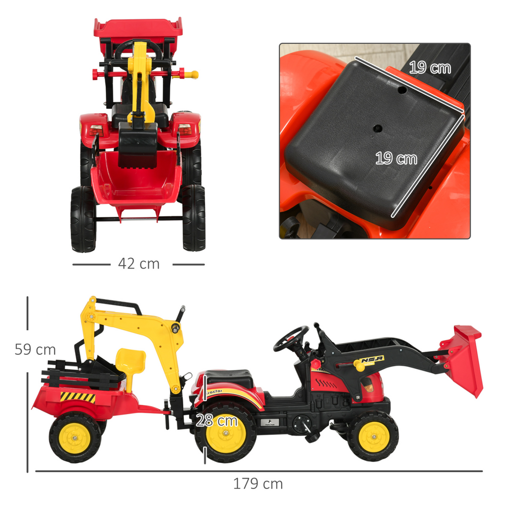 HOMCOM pedal powered tractor ride-on car with moving bucket and steering wheel for kids aged 3-6 years.