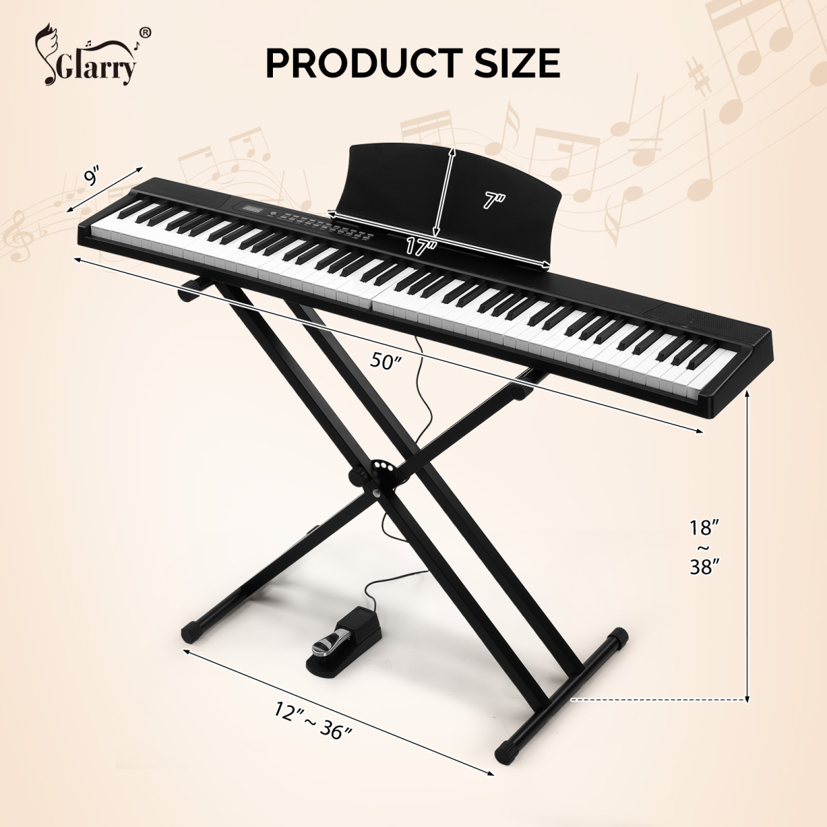 Glarry GPPS01-106 88 Key Folding Piano Semi-Weighted Standard Keyboards Digital Piano with double X type stand，MIDI Bluetooth, Handbag，Headphone，for Piano Lover Black color
