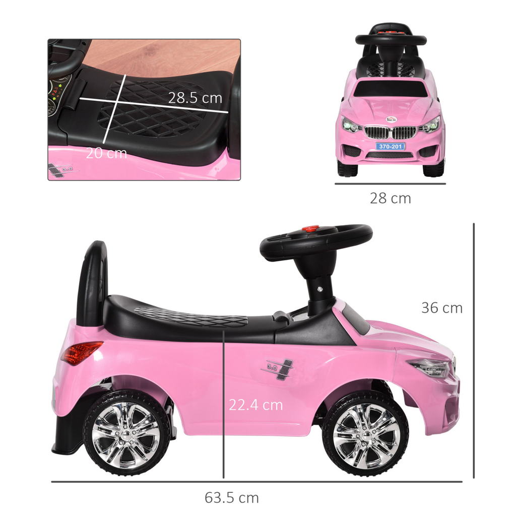 Pink HOMCOM FunZone ride-on car for toddlers, featuring a foot-to-floor design and sliding capability.