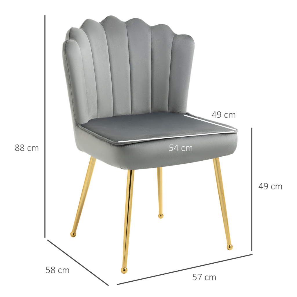 Grey velvet-feel shell accent chair with metal legs, ideal for home bedroom lounge by Homcom.