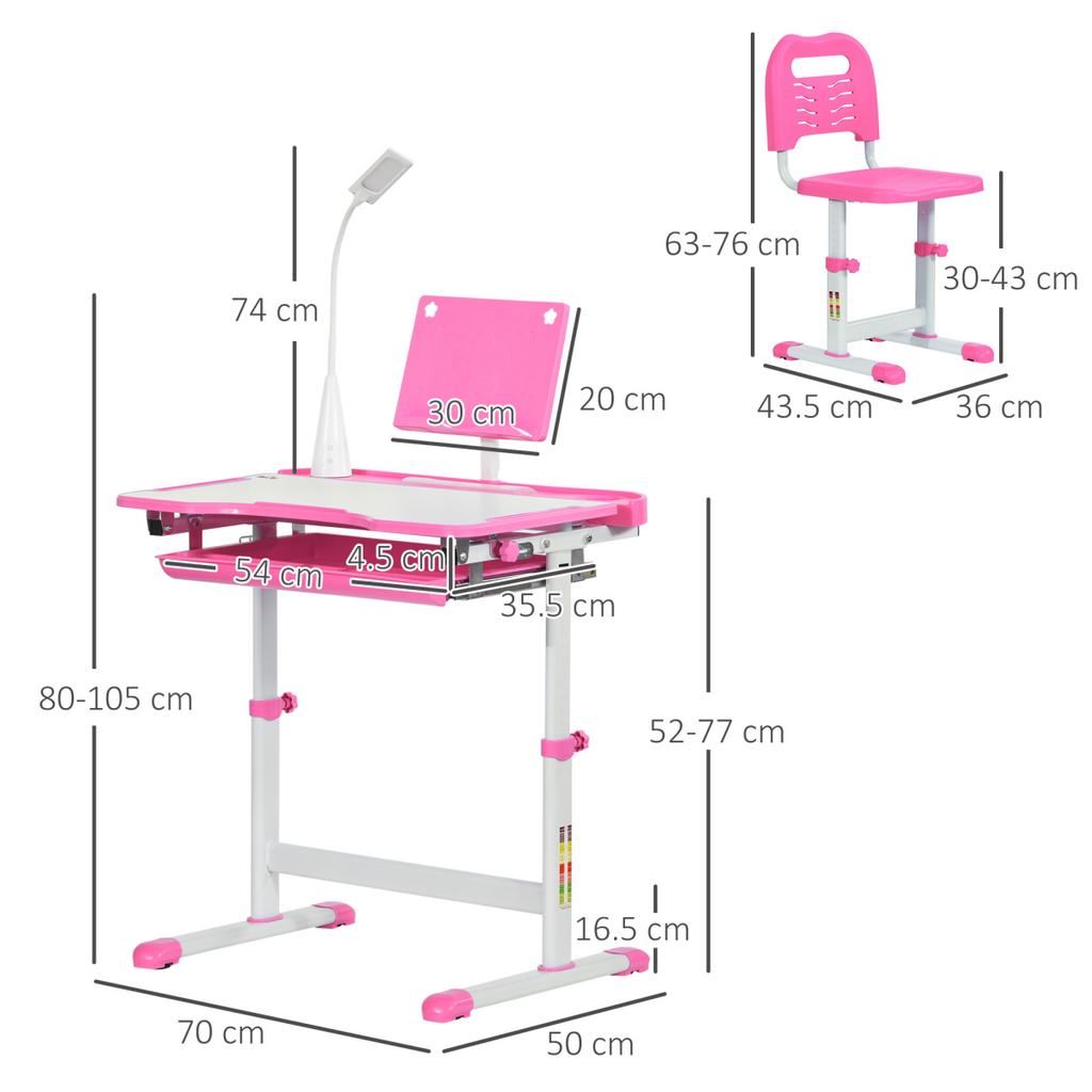 Pink adjustable height kids study desk and chair set with storage drawer by HOMCOM, featuring a modern design.