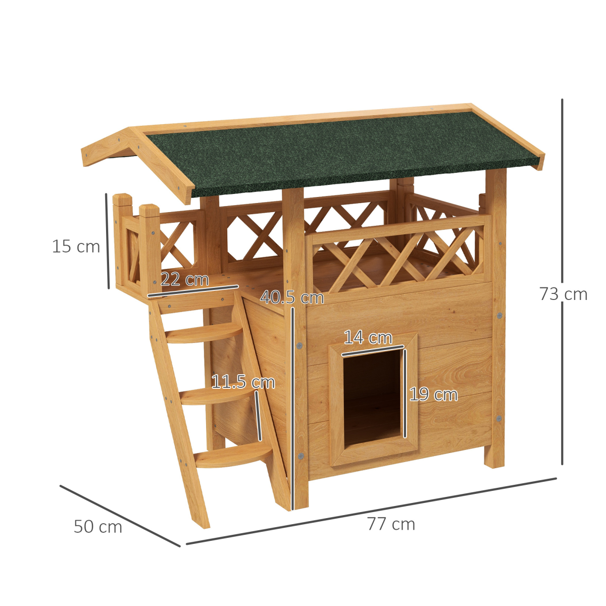PawHut Outdoor Cat House with Balcony Stairs Roof, Natural Wood Finish