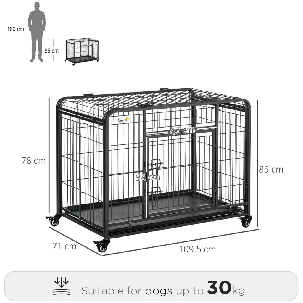 78x109cm Metal Dog Cage Kennel w/ Locking Door & Wheels Large Pets Pawhut