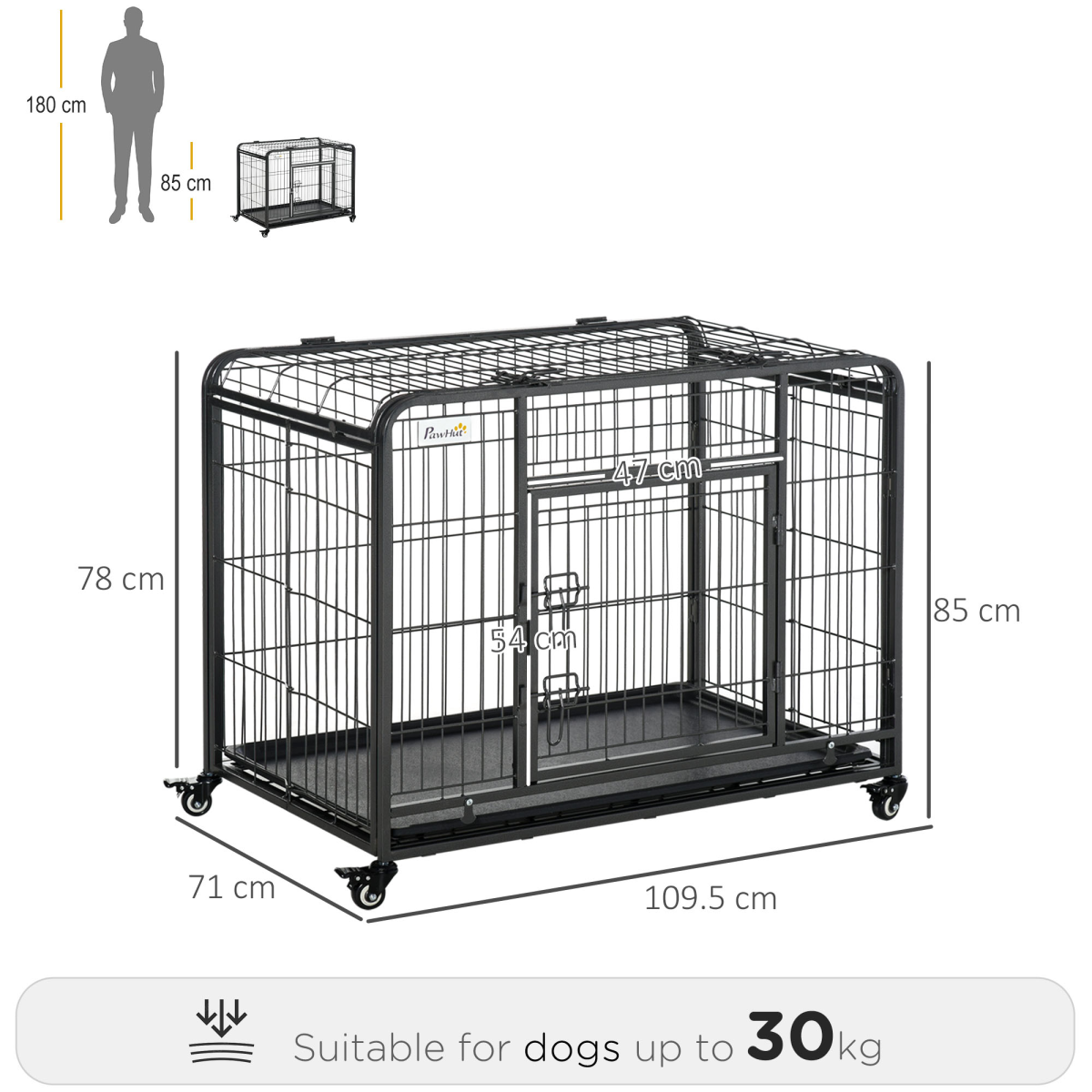 78x109cm Metal Dog Cage Kennel w/ Locking Door & Wheels Large Pets Pawhut