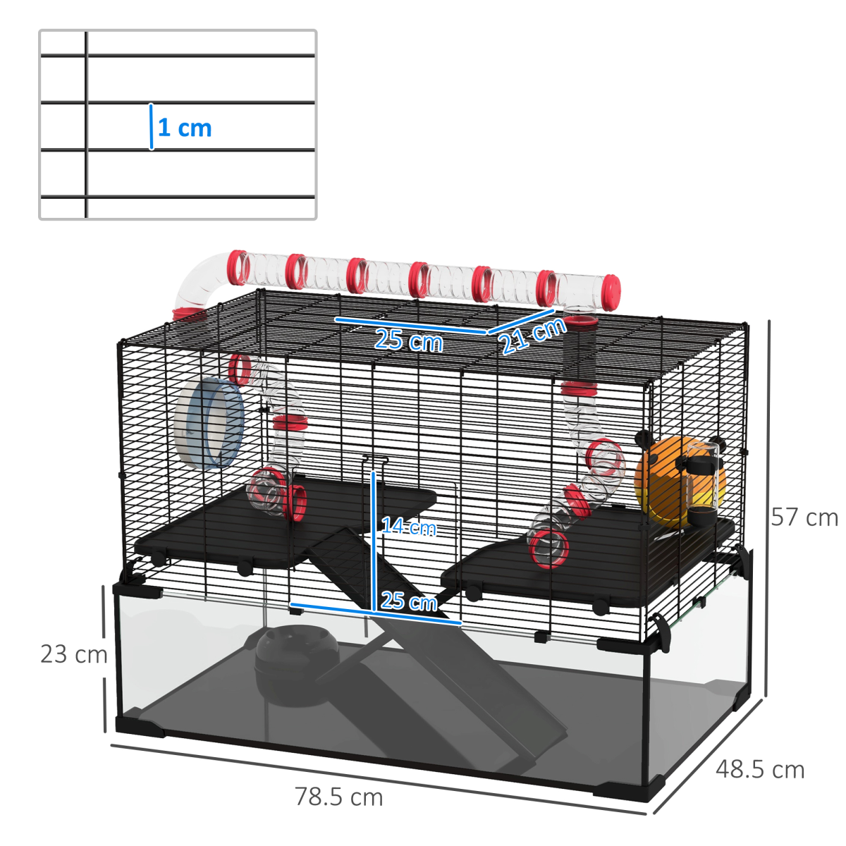 PawHut Hamster Cage w/ Tunnels, Tubes, Ramps, Platforms, Hut, 78.5 x 48.5 x 57cm
