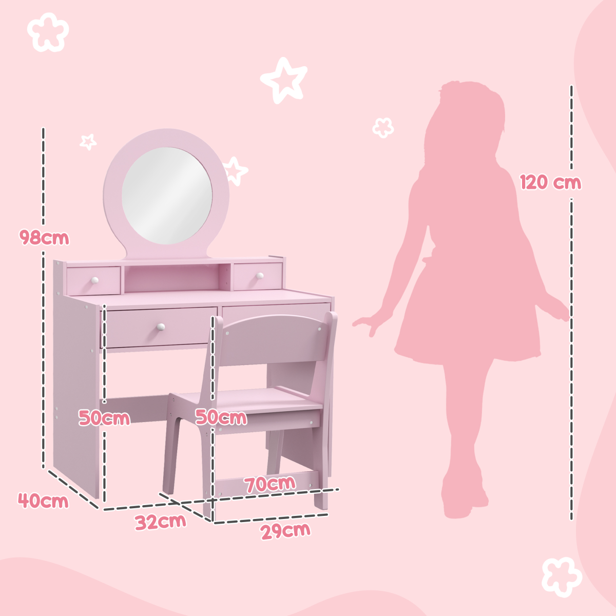 Pink AIYAPLAY kids dressing table set with stool, mirror, and drawers, perfect for imaginative play.