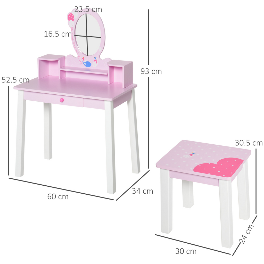 Kids dressing table and stool set in pink with cartoon patterns, featuring a mirror and storage compartments.