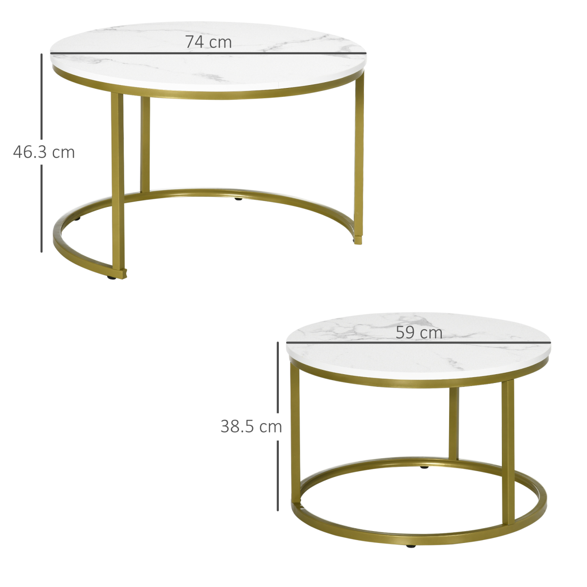 Set of 2 round nesting coffee tables with a metal frame and marble effect by HOMCOM, showcasing elegant design and versatility.