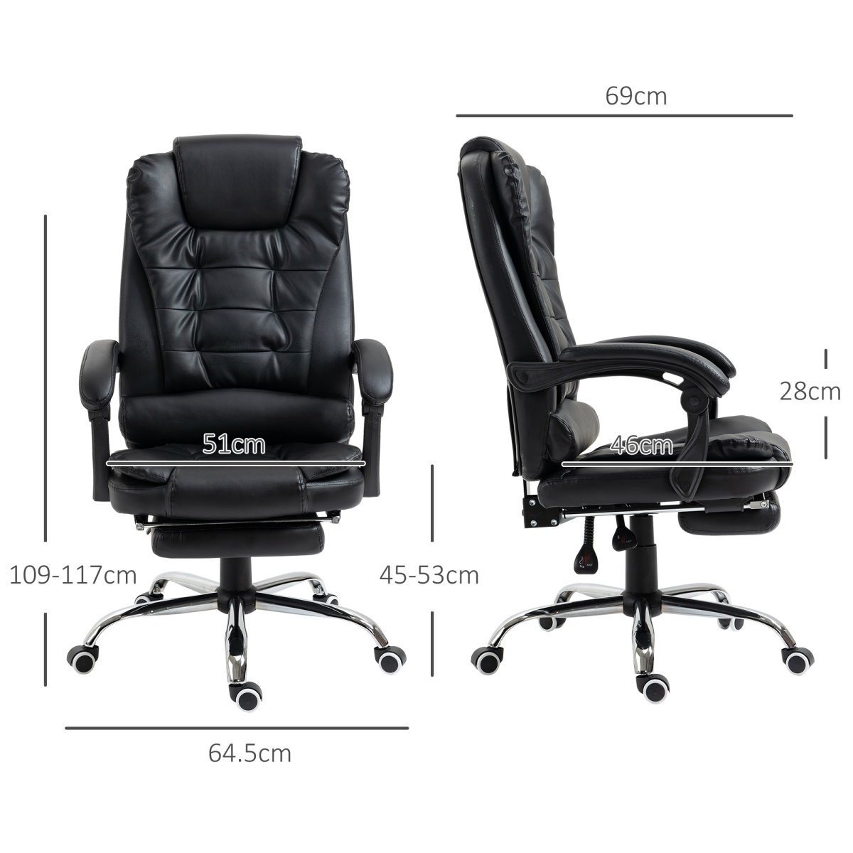 High back black PU leather office chair with footrest and swivel function by HOMCOM.