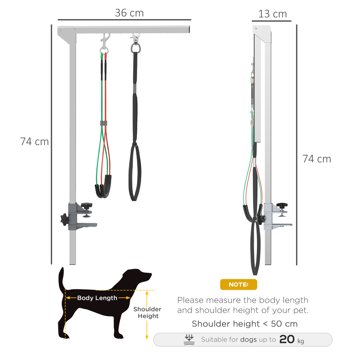 Foldable adjustable pet grooming arm with clamp for medium dogs, designed for convenient grooming.