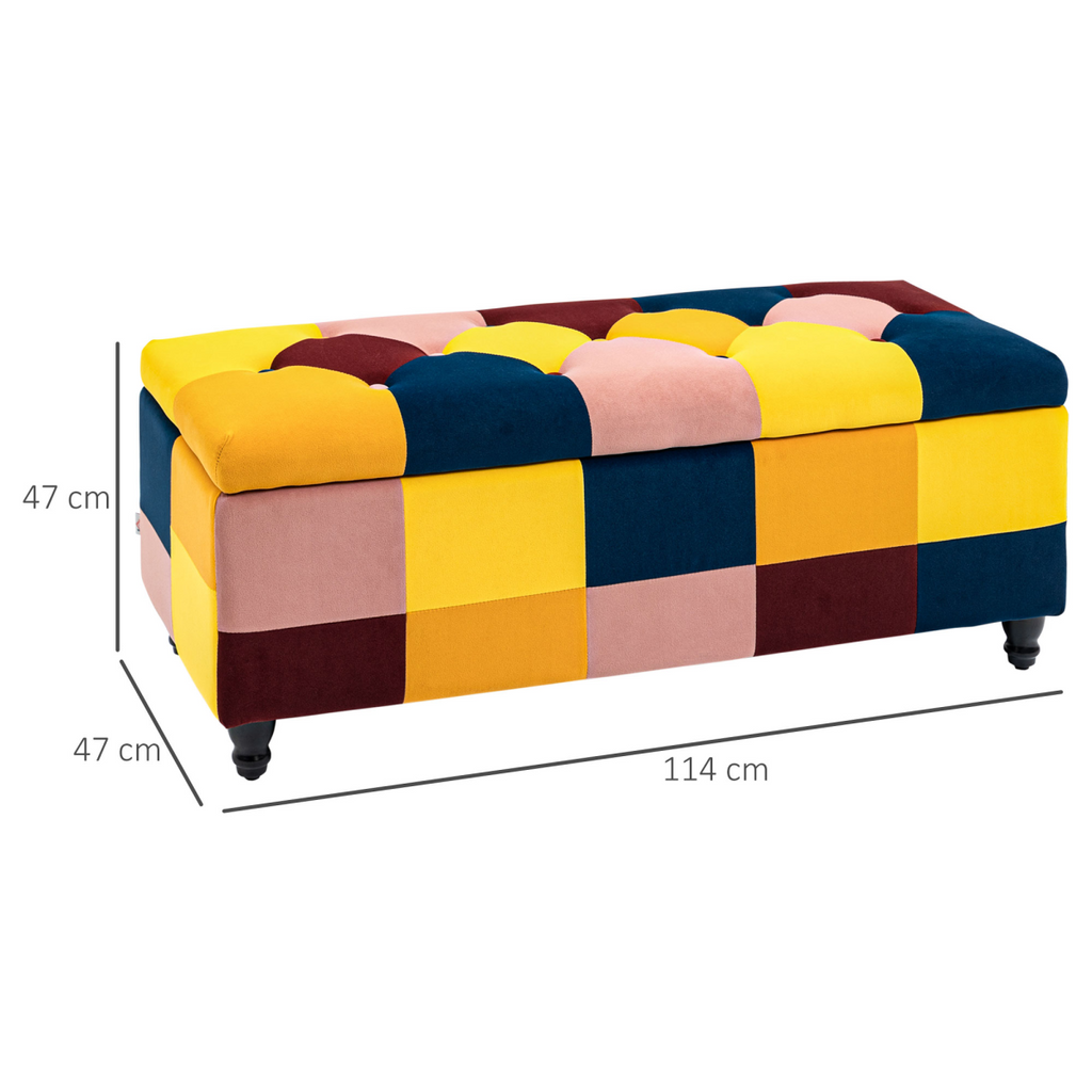 HOMCOM velvet storage ottoman with button-tufted design, 114 x 47 x 47cm footstool box in a cozy living room setting.