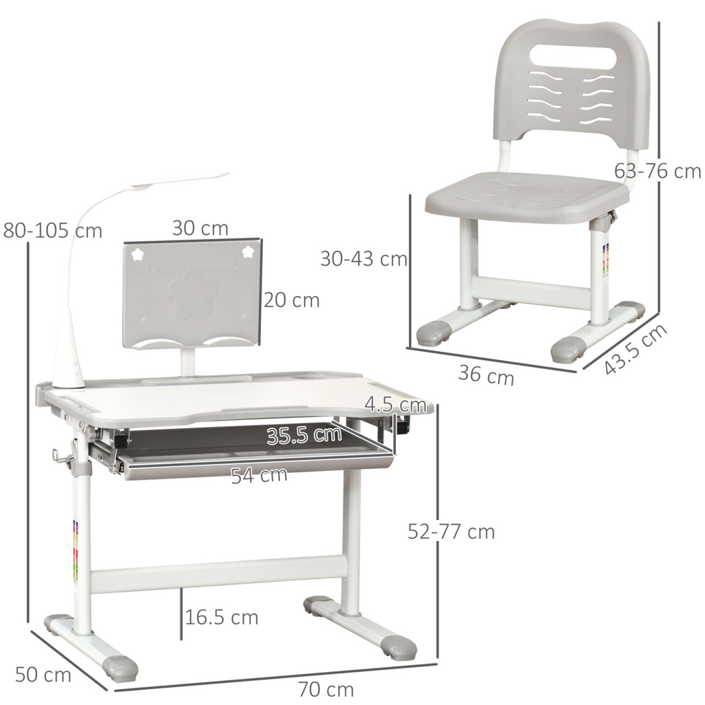 Kids study desk and chair set in grey with adjustable height and USB lamp by HOMCOM, ideal for learning spaces.