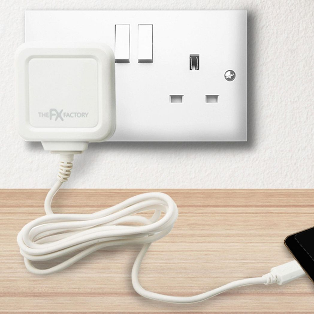 White FX Factory USB mains charger 1A for USB and Micro USB devices with smart charging feature.