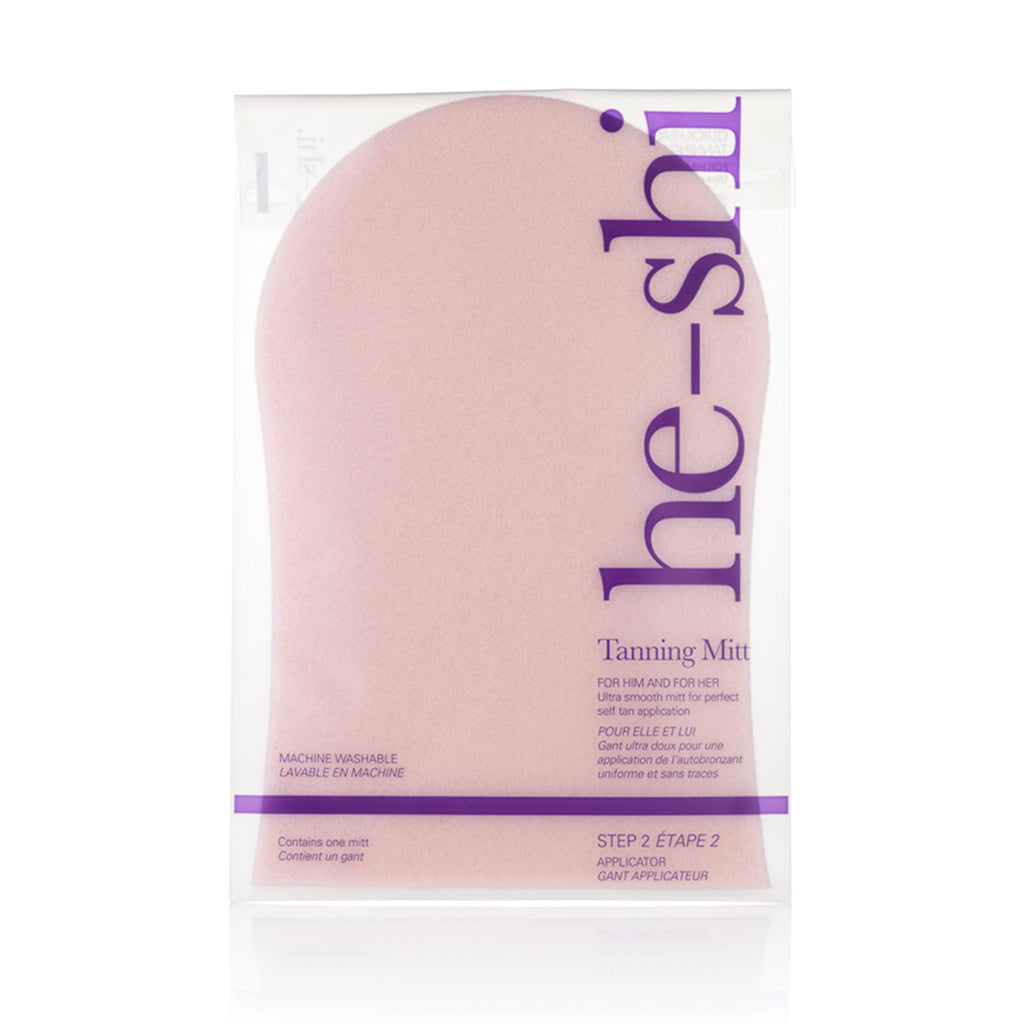 He-Shi GlowCare tanning mitt, machine washable, in a soft texture, designed to prevent stains during tanning application.