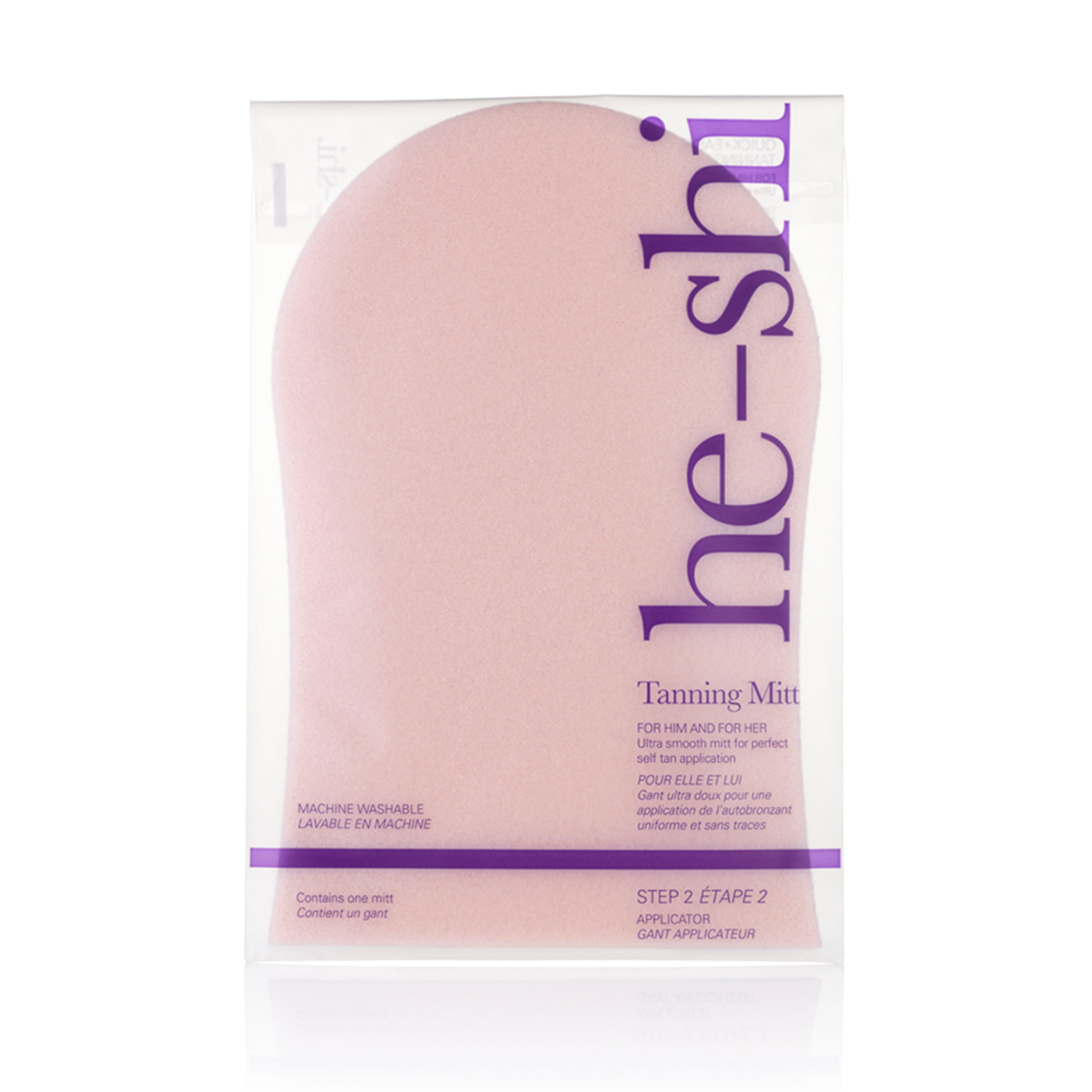 He-Shi GlowCare tanning mitt, machine washable, in a soft texture, designed to prevent stains during tanning application.