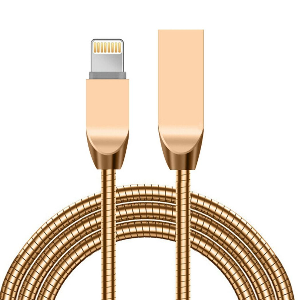 Retractable gold spring cable with zinc alloy connectors, showcasing TechHub design and flexibility for easy storage.