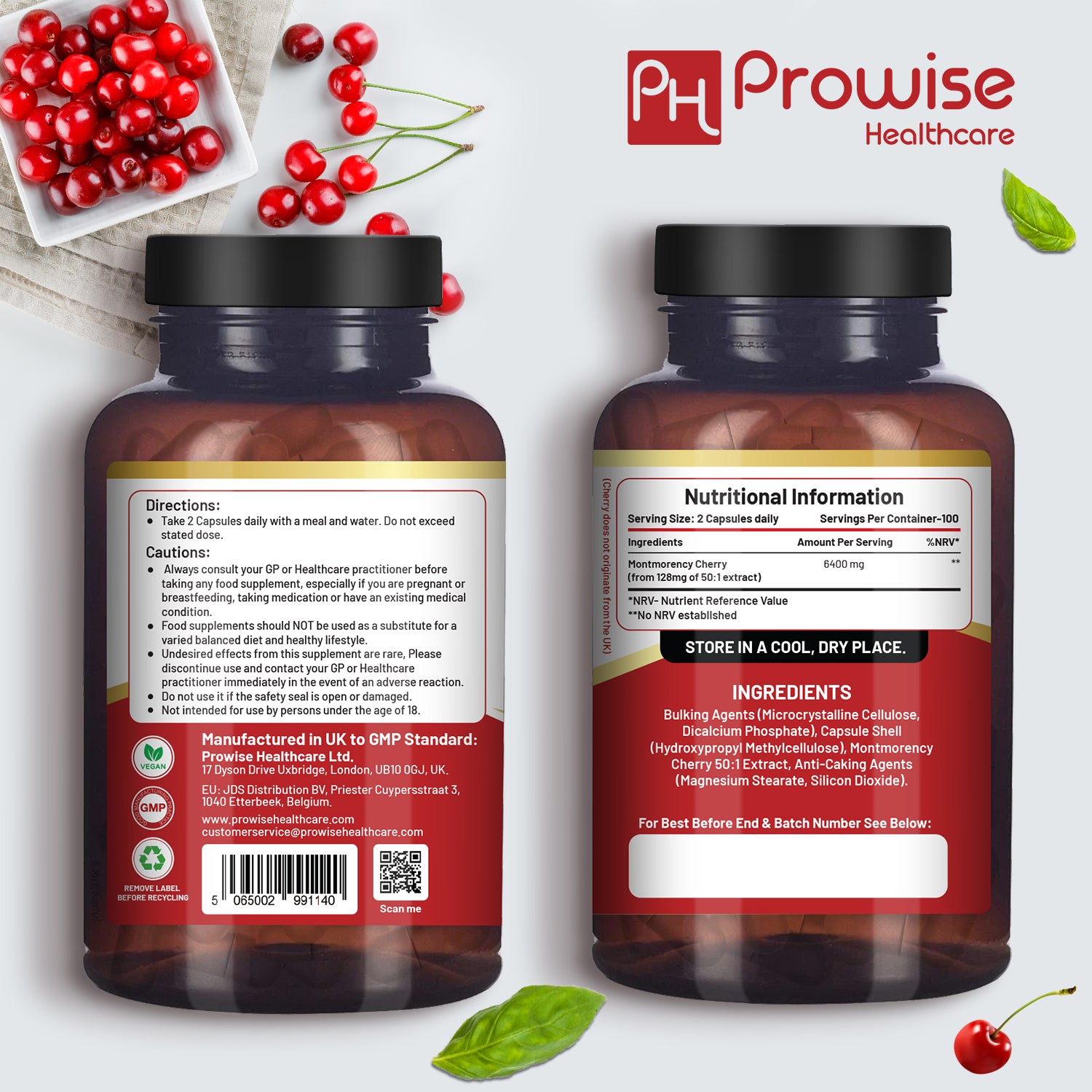 Montmorency Cherry capsules by Prowise Healthcare, featuring 200 tart cherry capsules in a natural supplement bottle.