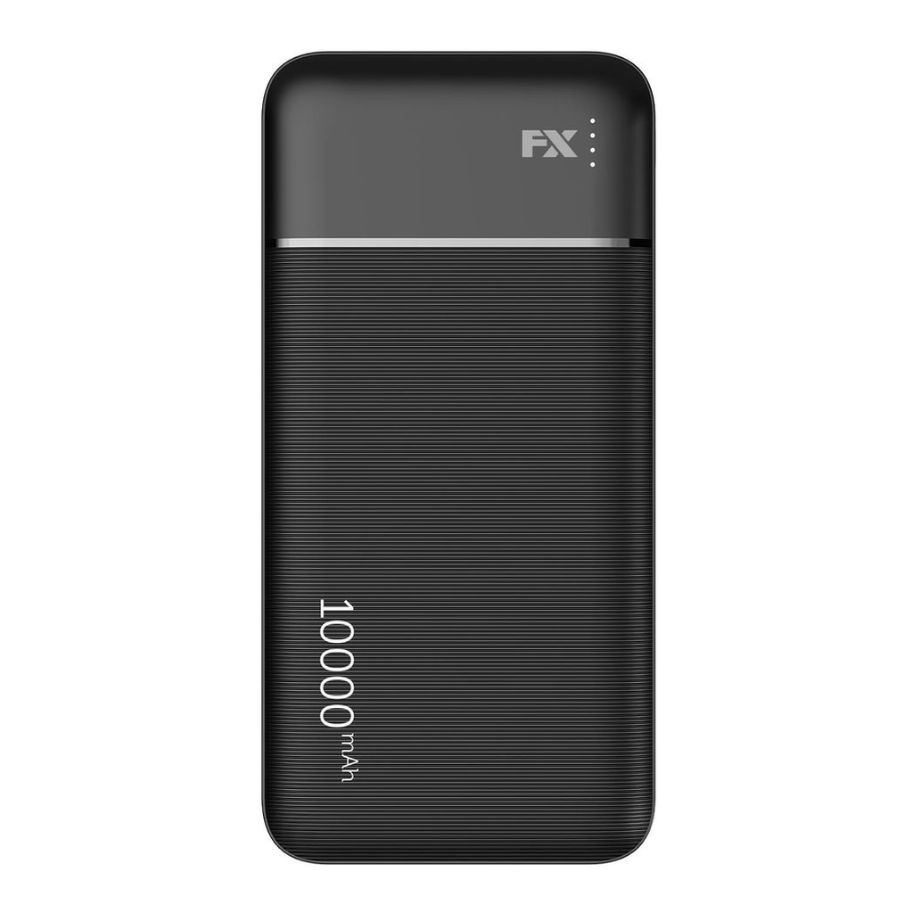 Black FX TechHub 10000 mAh power bank with Type-C 3A output, showcasing a sleek and portable design.