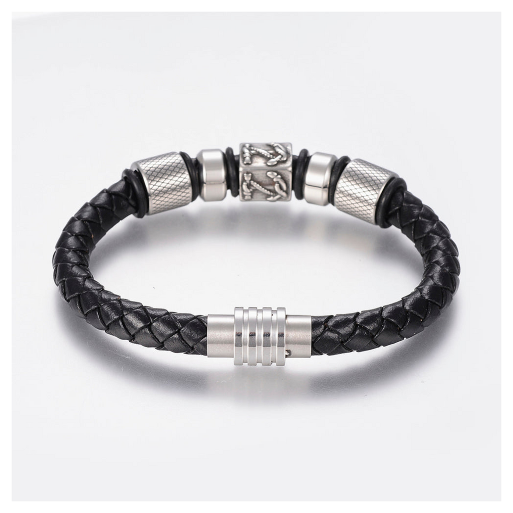 Men's Nautical Leather Bracelet by LuxeTime featuring a faux pleated design and a magnetic clasp in a stylish arrangement.