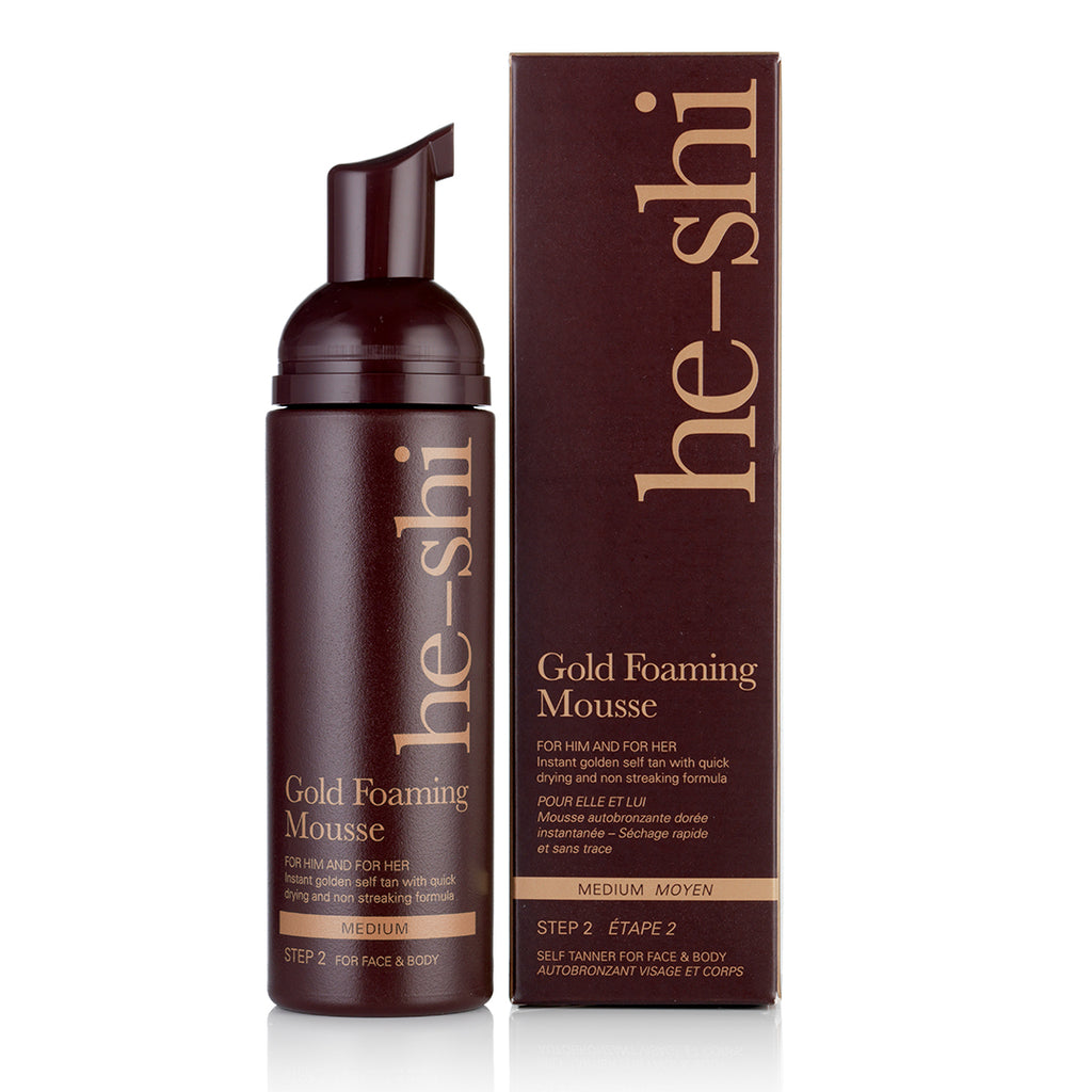 He-Shi Gold Foaming Mousse bottle with a pump for medium self-tan, showcasing quick-dry and easy application features.