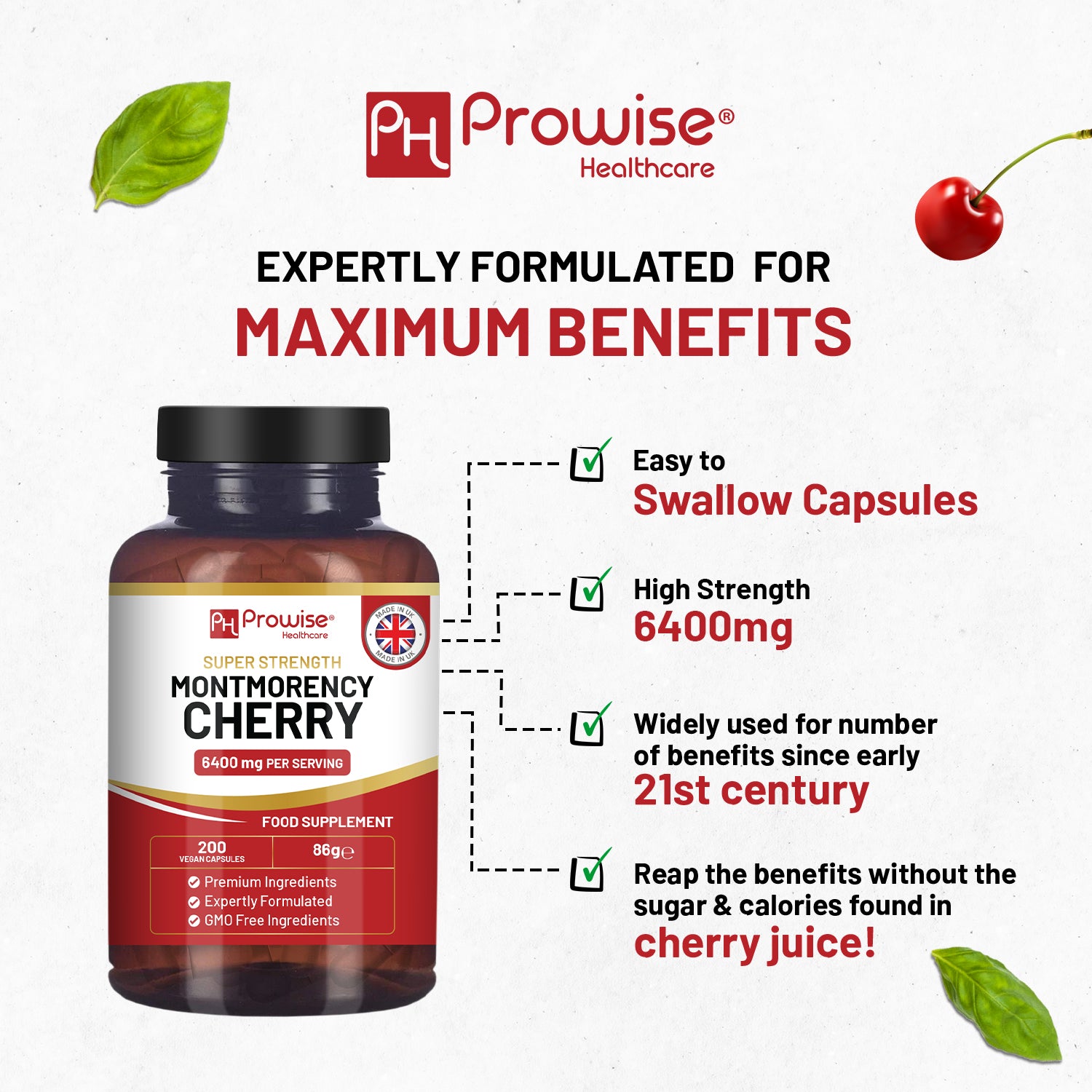 GlowCare Montmorency Cherry 6400mg capsules in a bottle, featuring 200 tart cherry extract supplements for men and women.