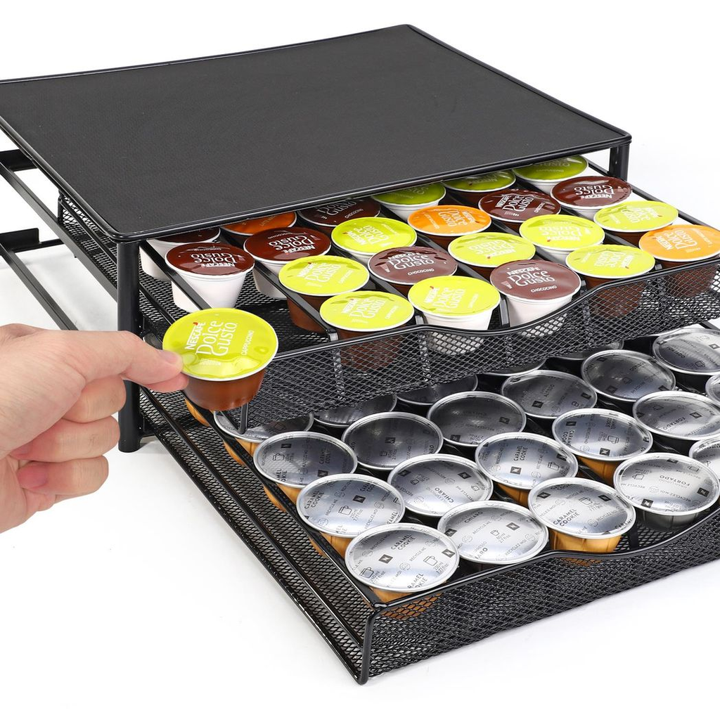 Double drawer organizer for coffee pod storage in black by HomeCraft, showcasing sleek design and ample storage space.