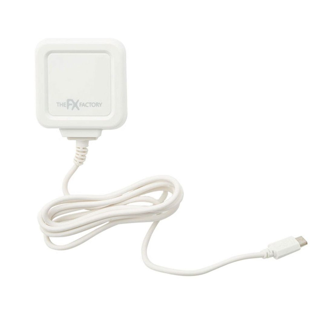FX Factory USB mains charger 1A in white for USB and Micro USB devices, featuring smart charging design.