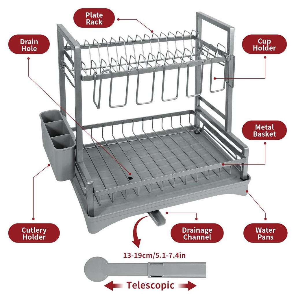 Grey 2 tier dish drainer by HomeCraft, featuring a detachable design for space-saving drying of dishes and utensils.