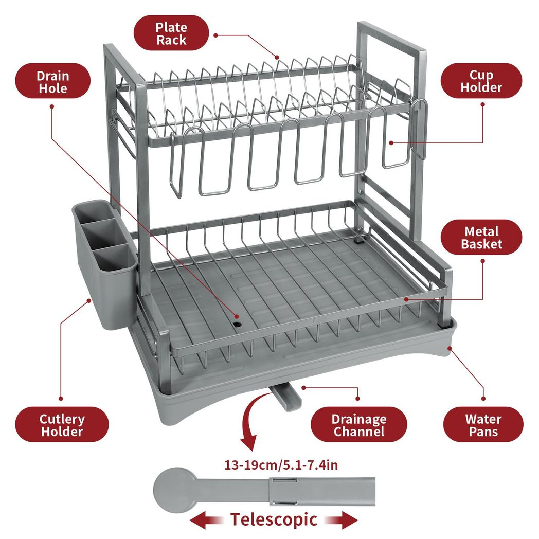 Grey 2 tier dish drainer by HomeCraft, featuring a detachable design for space-saving drying of dishes and utensils.