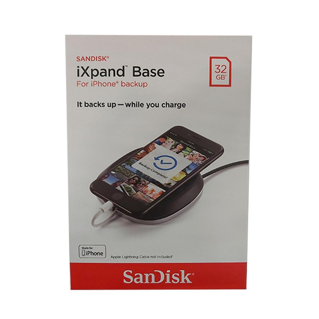 SanDisk iXpand Base for iPhone in black, 32 GB, featuring charging and backup capabilities.