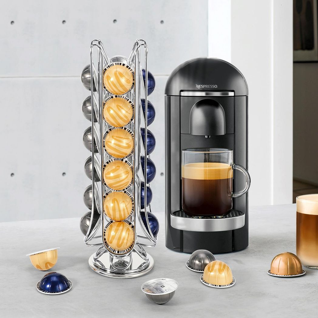 Chrome coffee pod holder for 24 Vertuo capsules with a swivel base by Vinsani, showcasing a modern design.