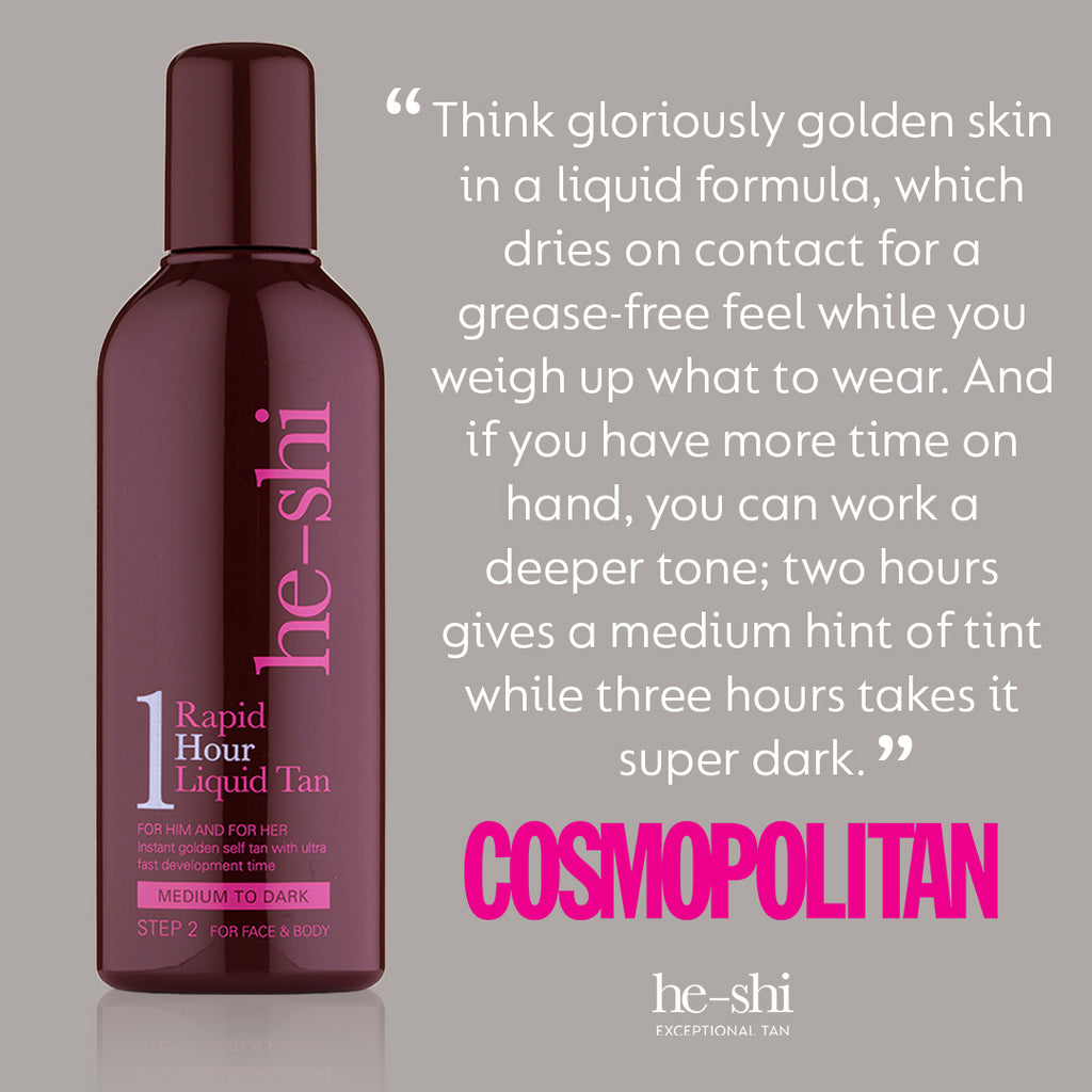 He-Shi Rapid 1 Hour Liquid Self Tan in Medium to Dark, showcasing the bottle against a neutral background.