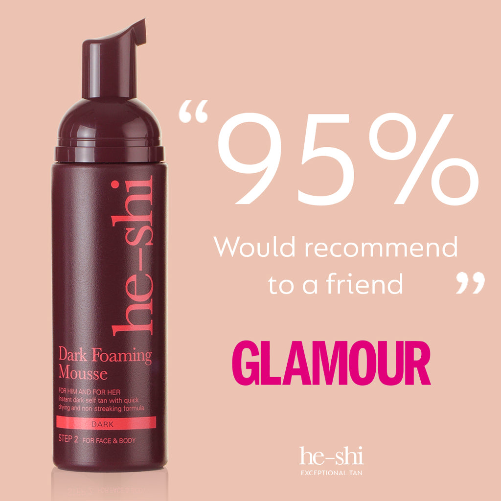 He-Shi Dark Foaming Mousse in a bottle, showcasing its rich color and texture for an easy, quick-drying self-tan application.