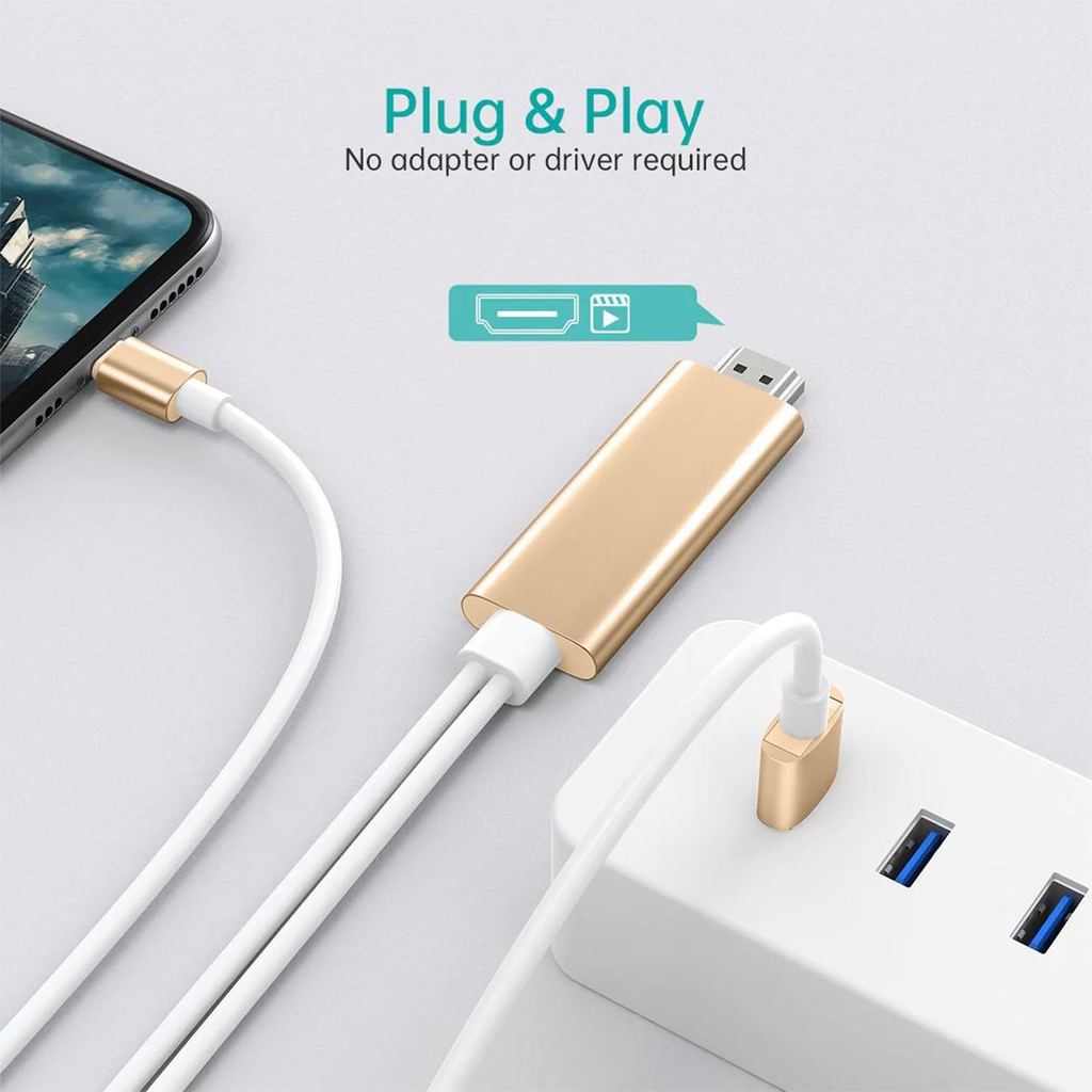 Full HD HDMI connector cable by Aquarius for phone/pad, featuring gold connectors and screen mirroring capability.