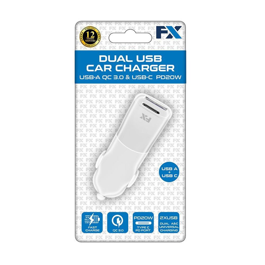 White FX Dual USB Car Fast Charger with USB-A PD 20W and USB-A QC3.0 ports, ideal for charging devices on the go.