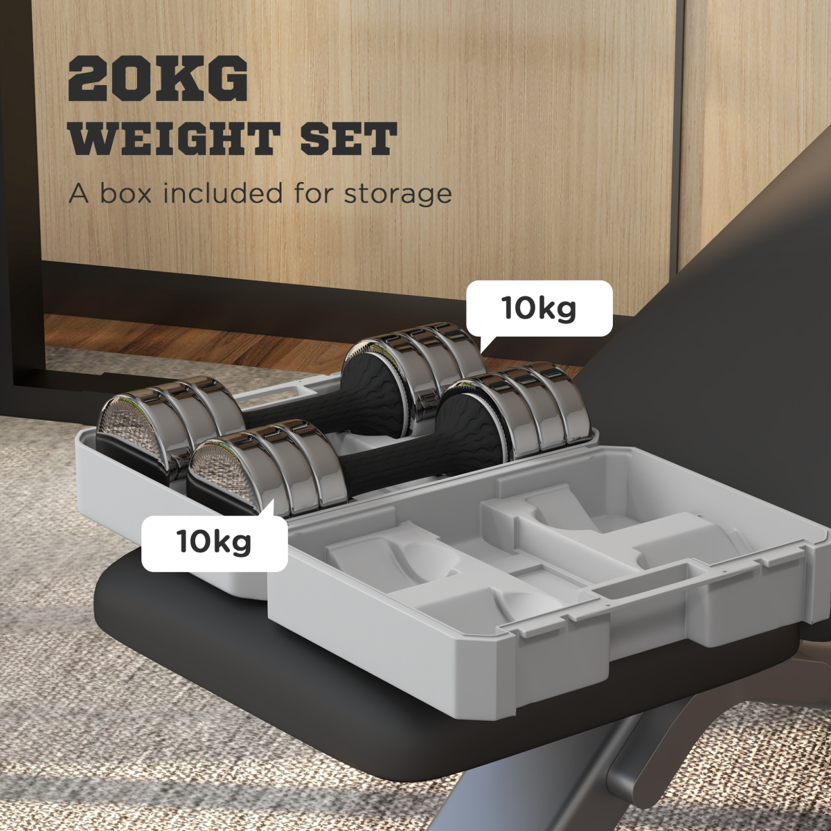 Outsunny 20kg adjustable dumbbells set with storage box, featuring two 10kg weights for versatile workouts.
