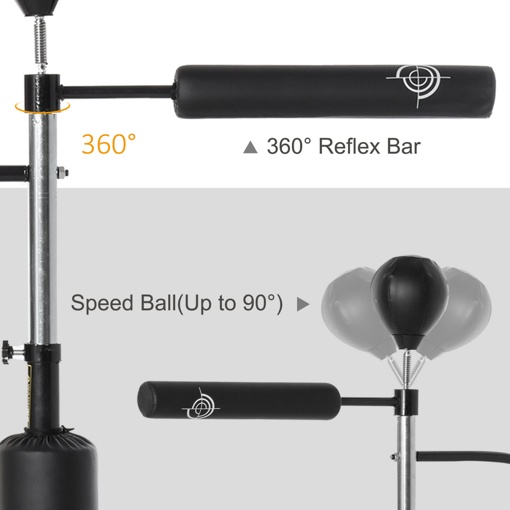 3-in-1 punching bag with stand, featuring 2 speedballs and a 360° reflex bar for versatile training by ActiveGear.