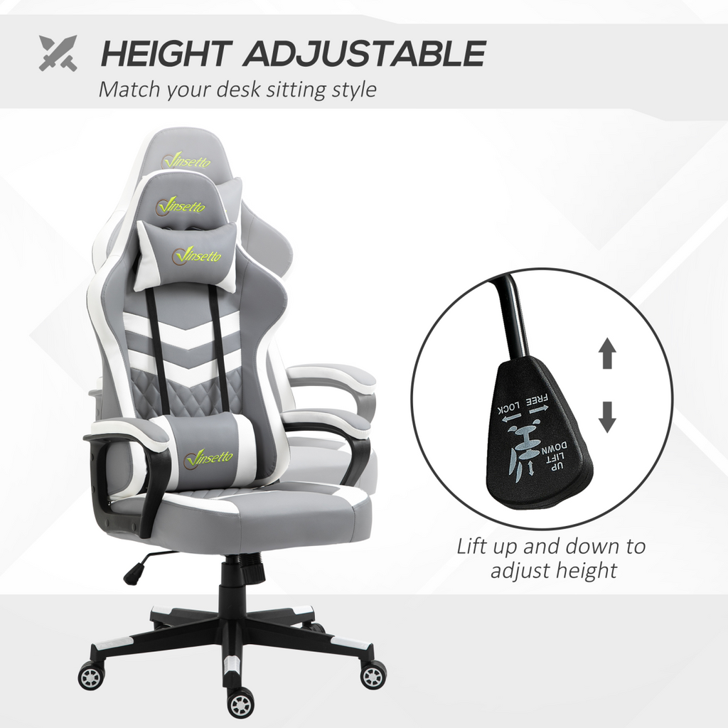 Grey and white Racing Gaming Chair with lumbar support and headrest, perfect for gaming or office use.