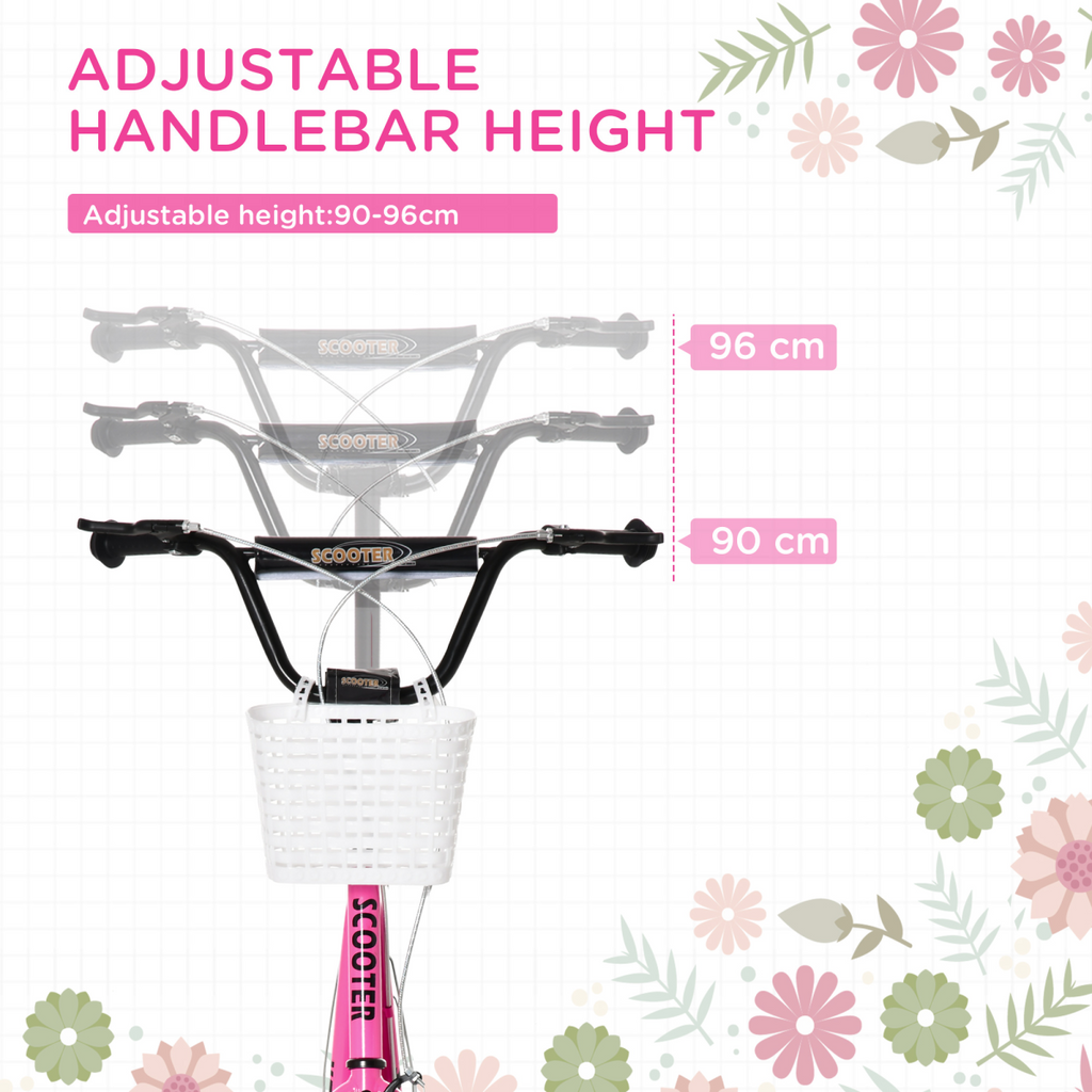 Kids Kick Scooter with basket and cup holder, featuring dual brakes and adjustable height for ages 5-12 by FunZone.