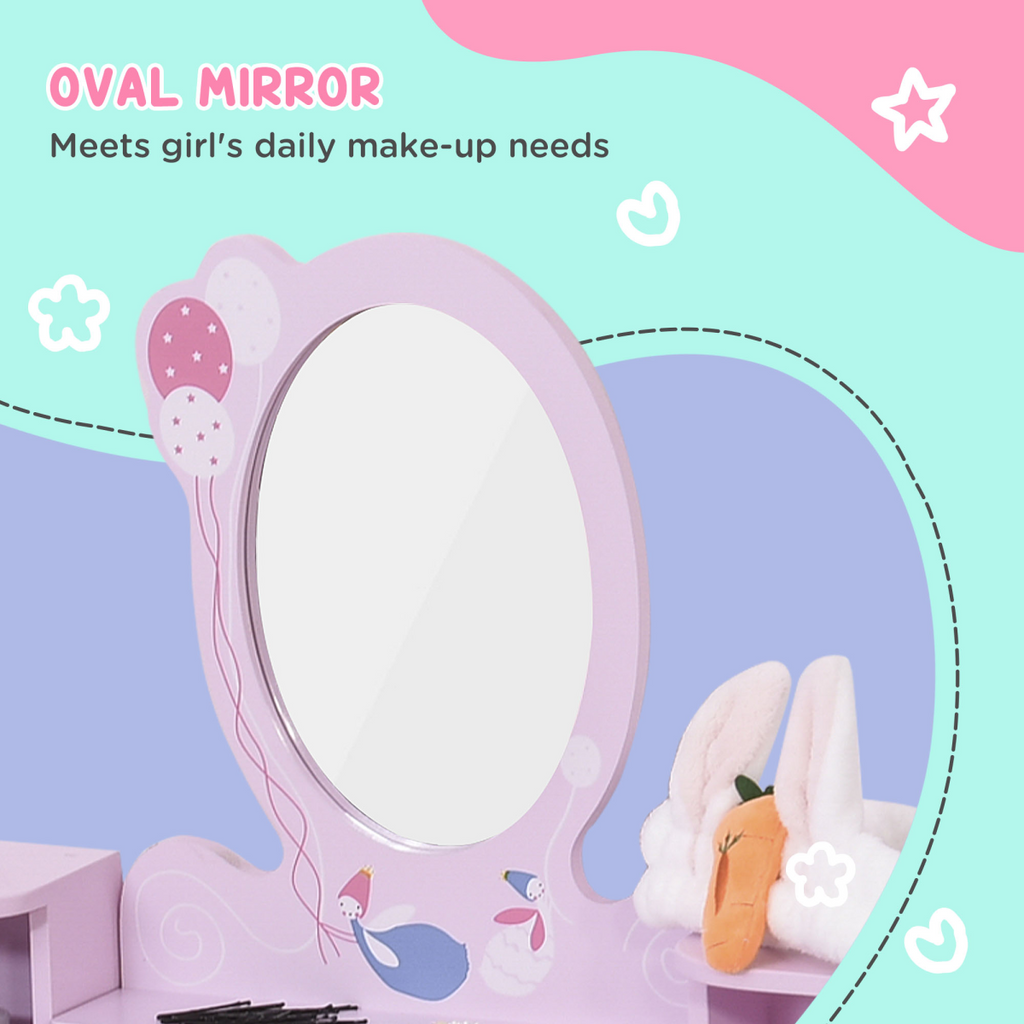 Kids dressing table and stool set in pink with cartoon patterns, featuring a mirror and storage compartments.
