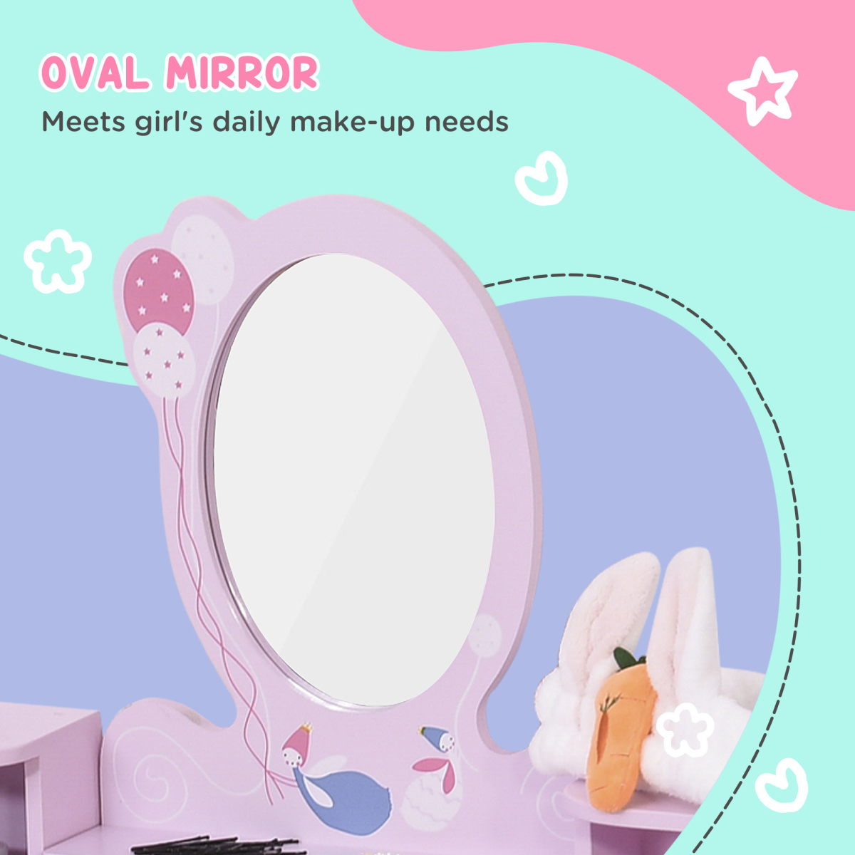 Kids dressing table and stool set in pink with cartoon patterns, featuring a mirror and storage compartments.